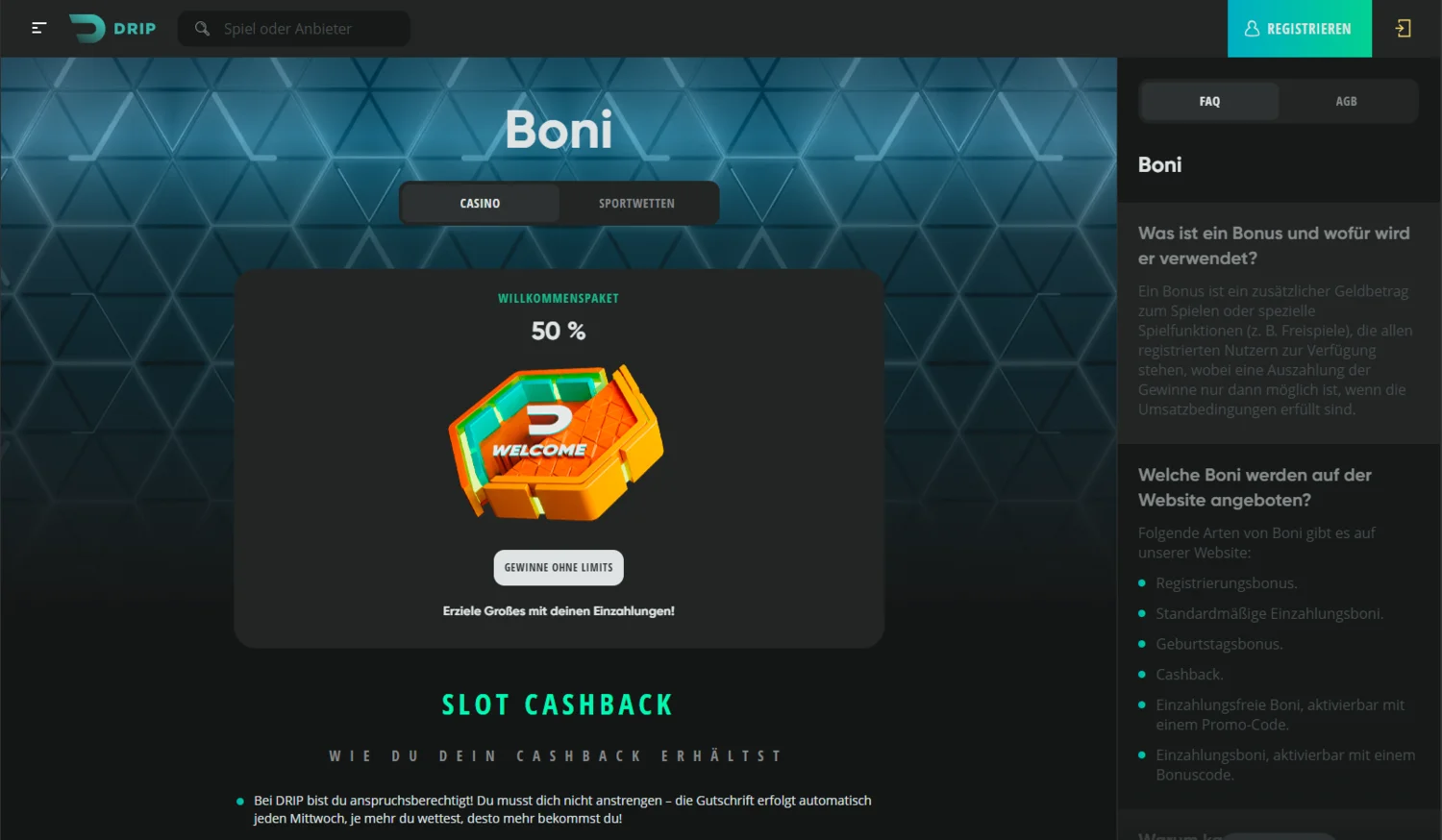 Drip Casino Willkommensbonus und Aktionen